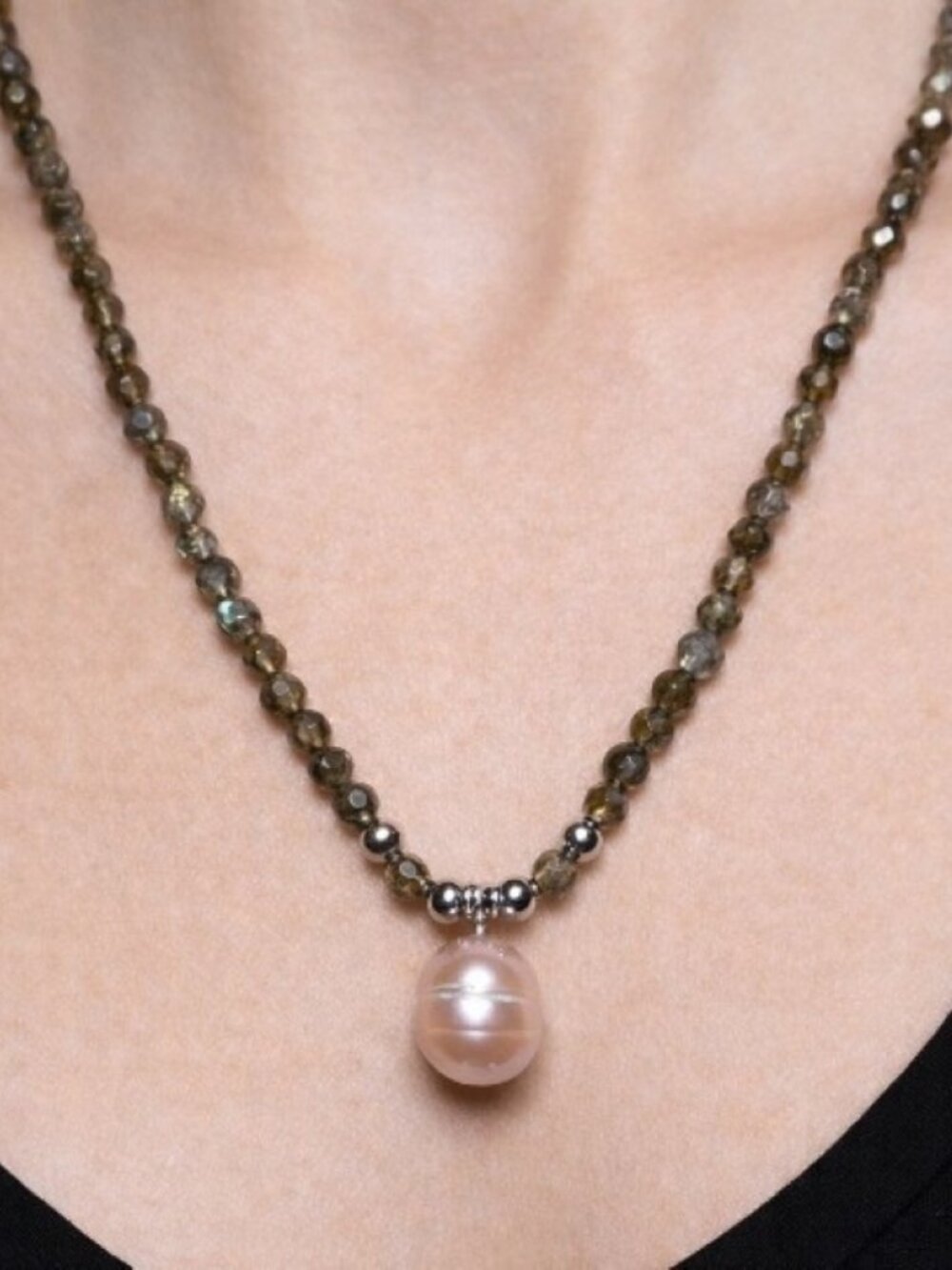 Natural Fire Labradorite Beads and Freshwater Pearl Necklace.